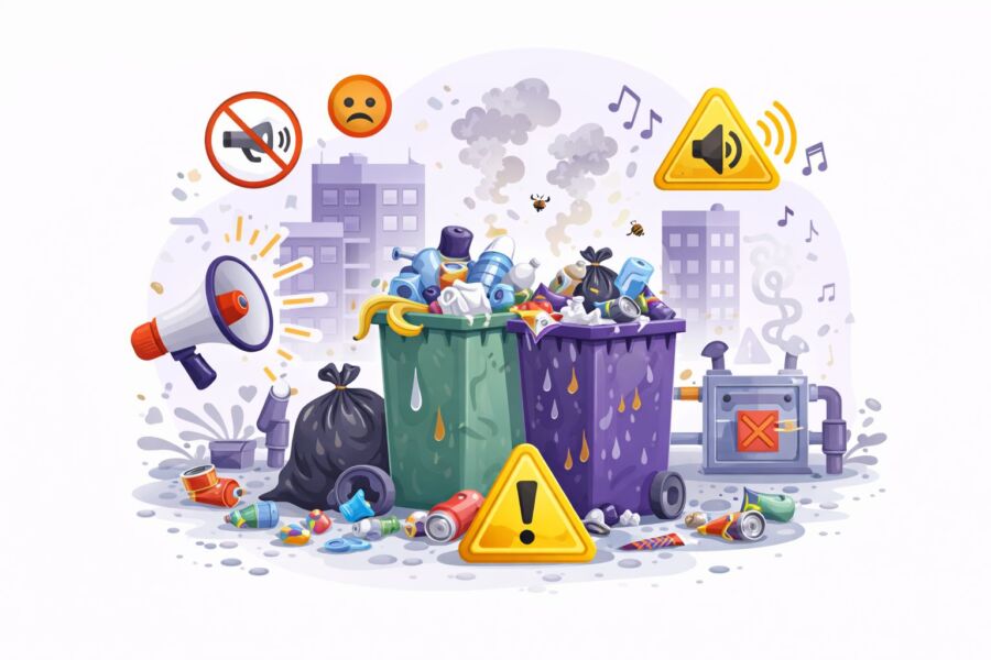 Waste and noise Cardiff illustration showing rubbish disposal, recycling bins and neighbour noise issues